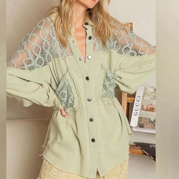 POL Stylish Matcha Green Lace Crochet Overlay Shirt - Perfect for Layering - Picture 2 of 7
